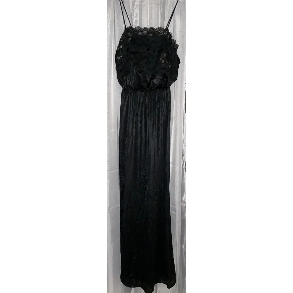 Vintage Deena Elegant Black Silky Nightgown Empire Waist Floral Lace Bodice Sz S